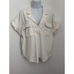 Cable & Guage Woman's Blouse Linen Blend Short Roll Sleeve Boxy Coastal Top L